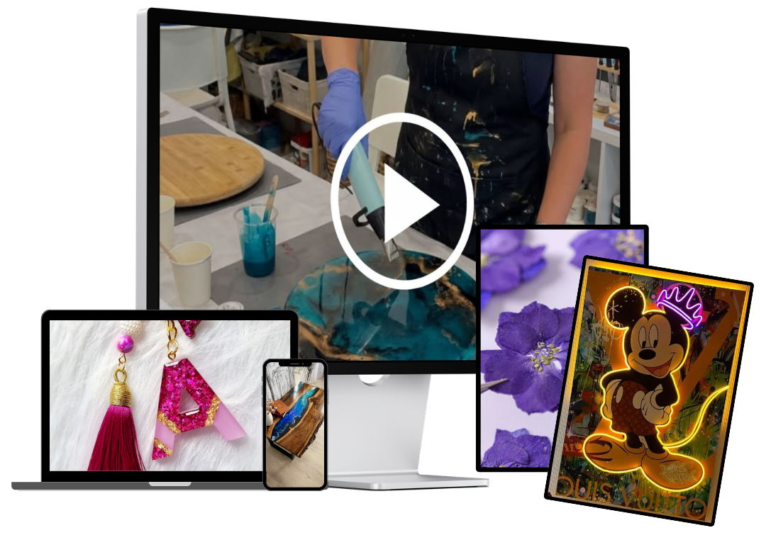 Universo da Resina apresentado em diferentes dispositivos com exemplos de peças artesanais