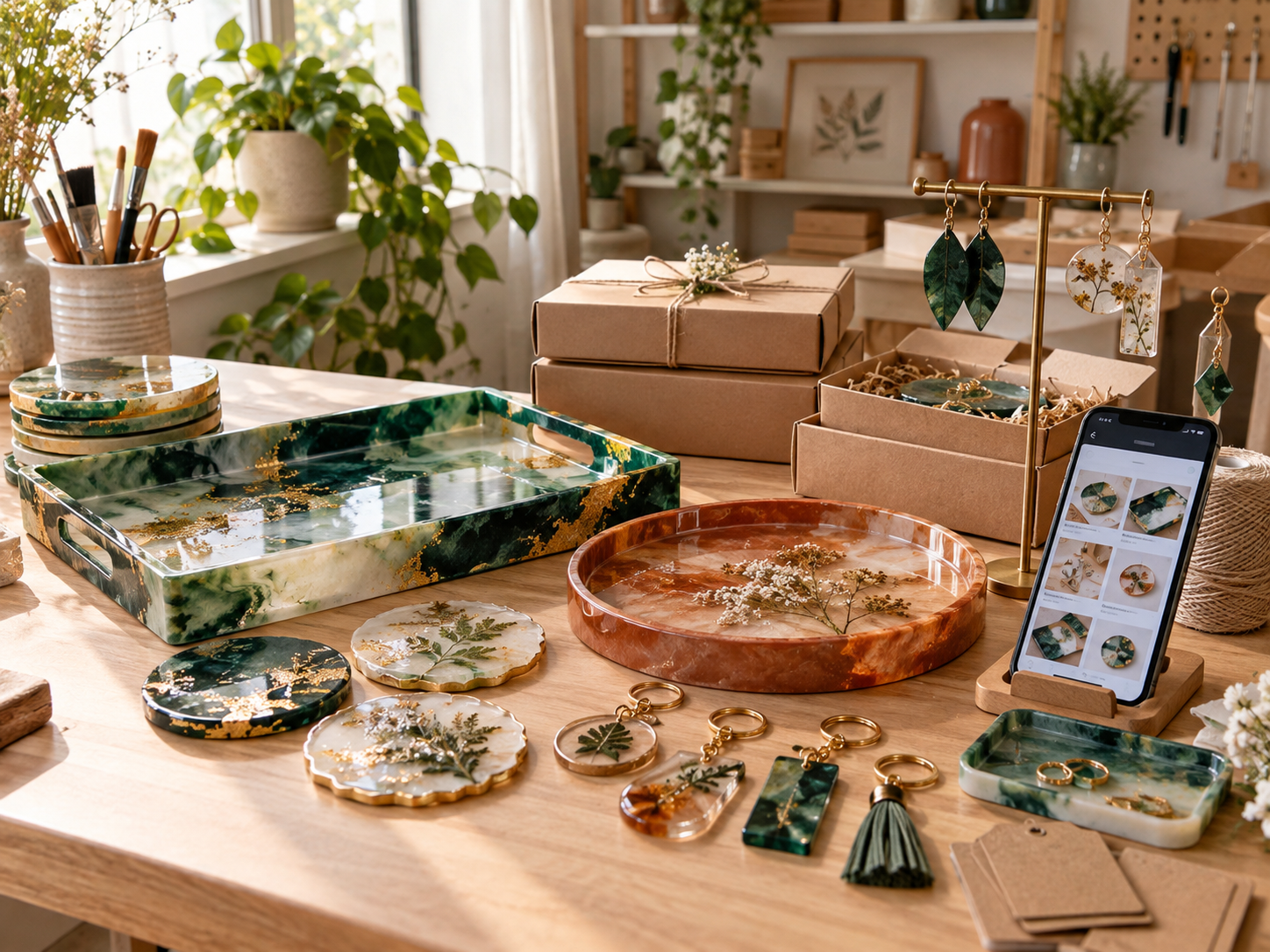 Peças artesanais de resina organizadas para um pequeno negócio