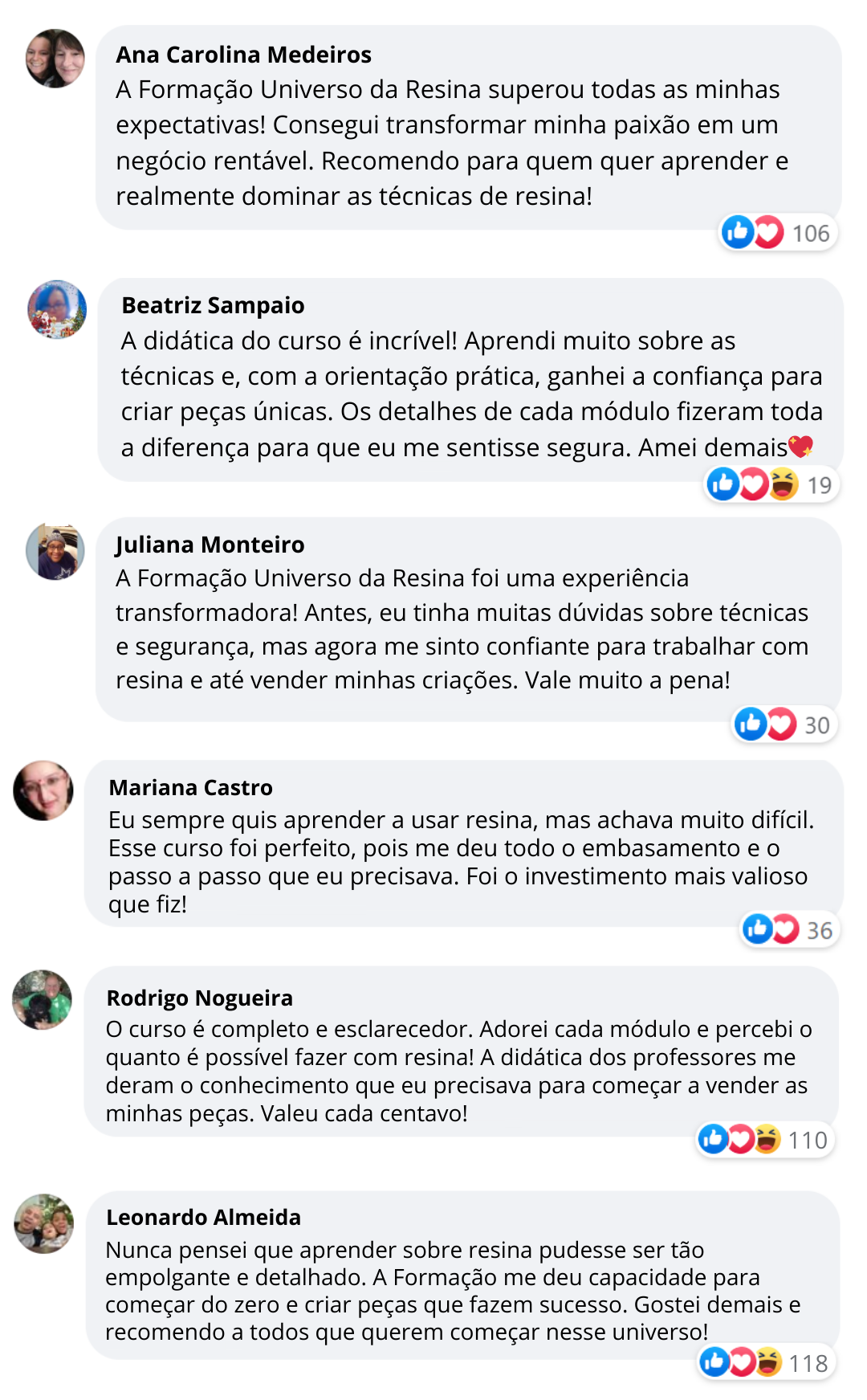 Depoimentos escritos de alunas da Formação Universo da Resina